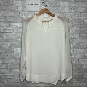 EUC CAbi Women’s Sheer White Long Sleeve Mandarin Collar Blouse Size Large
